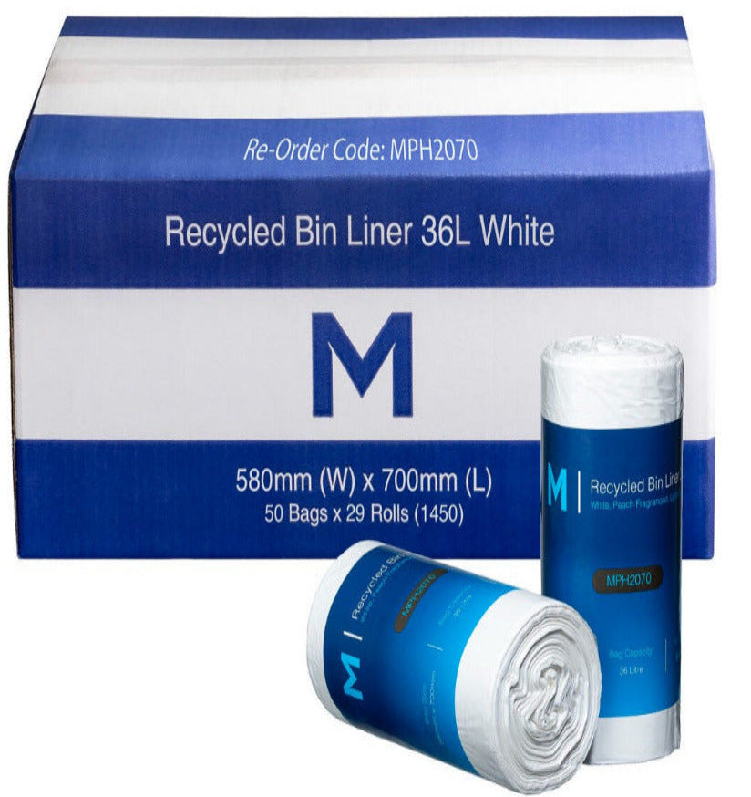 Box of recycled bin liners with a roll on a white background
