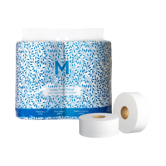 Virgin Jumbo Toilet Tissue Pack White, 2 Ply, 300m - Pack of 8