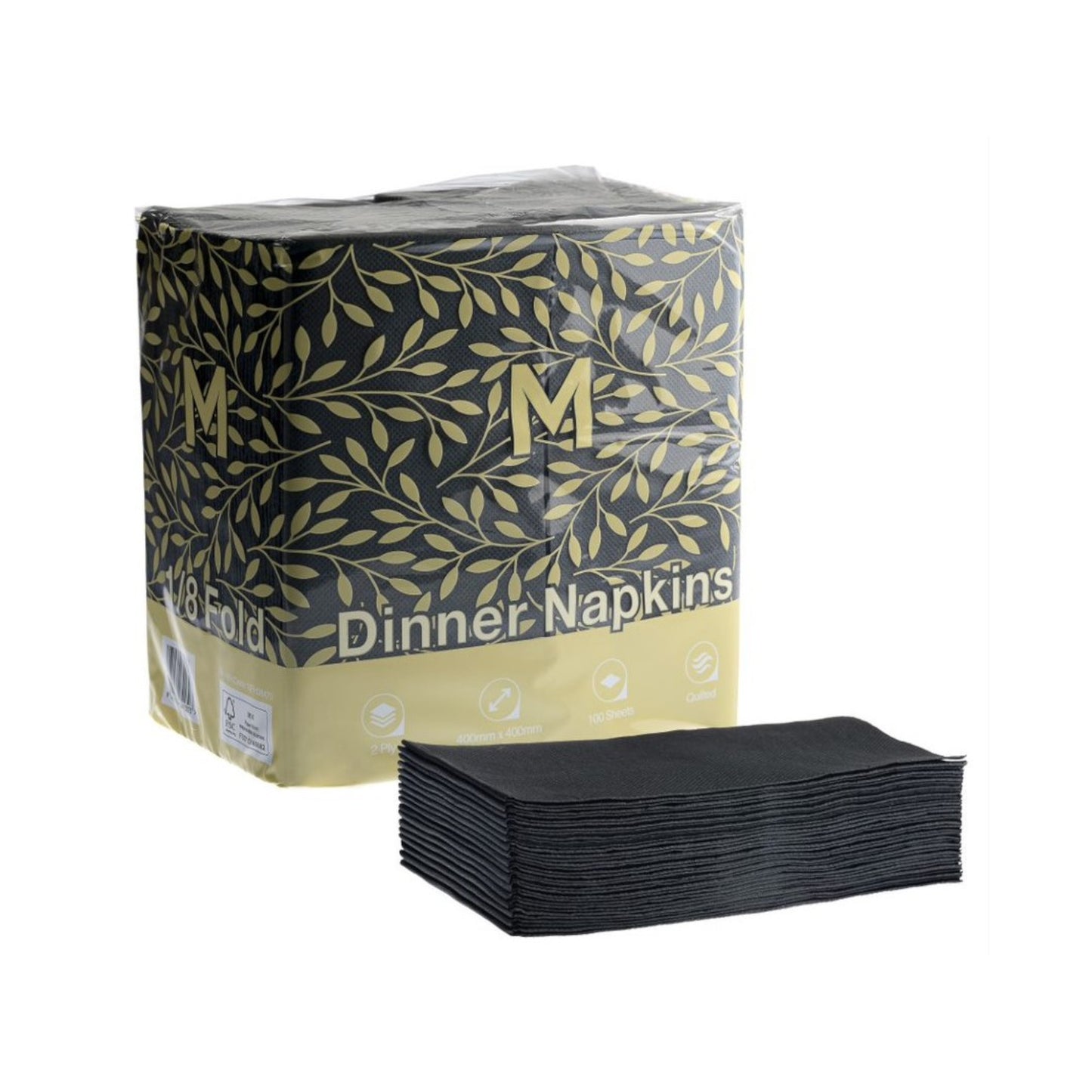Quilted Dinner Napkins 1/8 Fold Black, 2 Ply Pack of 100