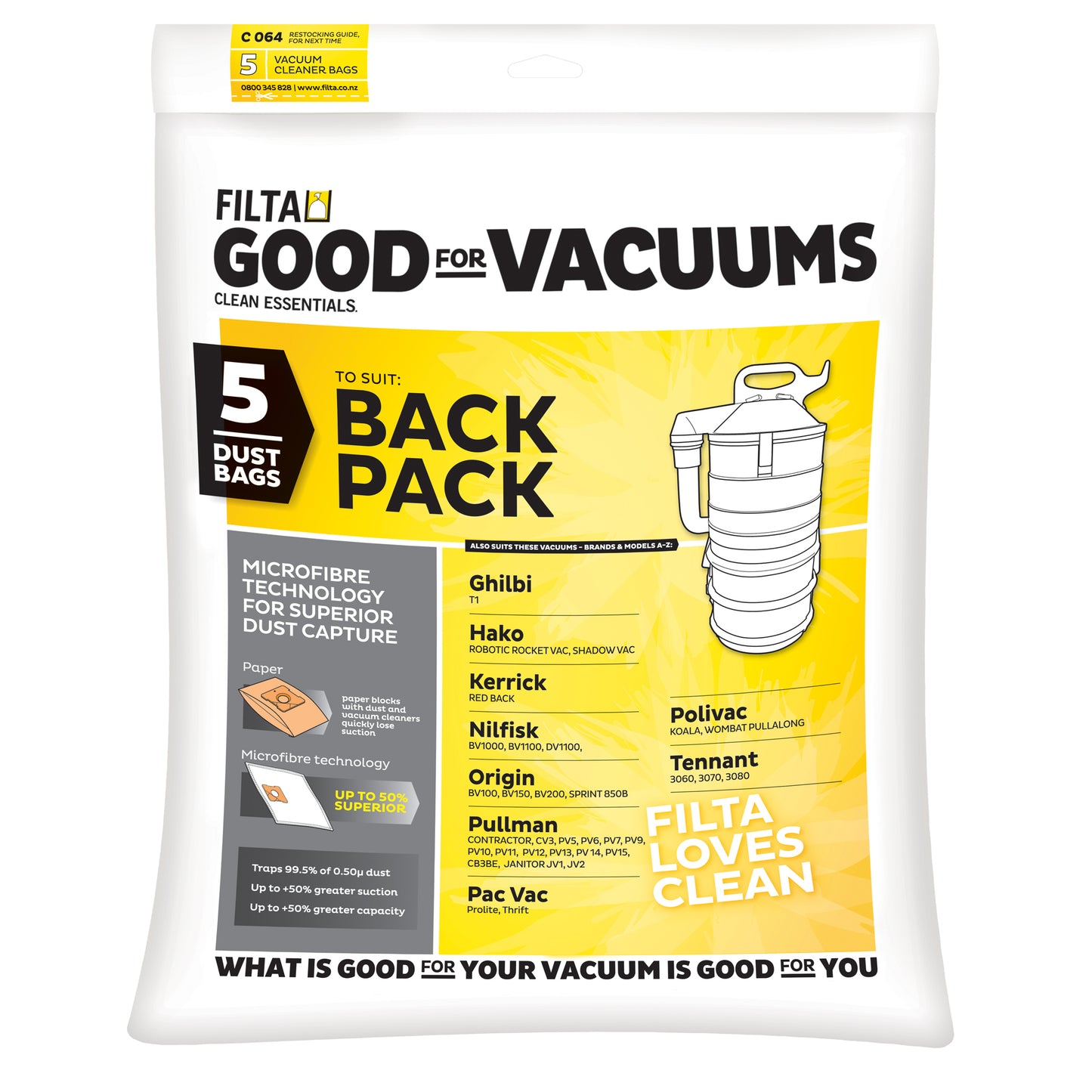 PacVac Vacuum Dust Bags 5pack FILTA 18008 (C064) - Replaces CU900