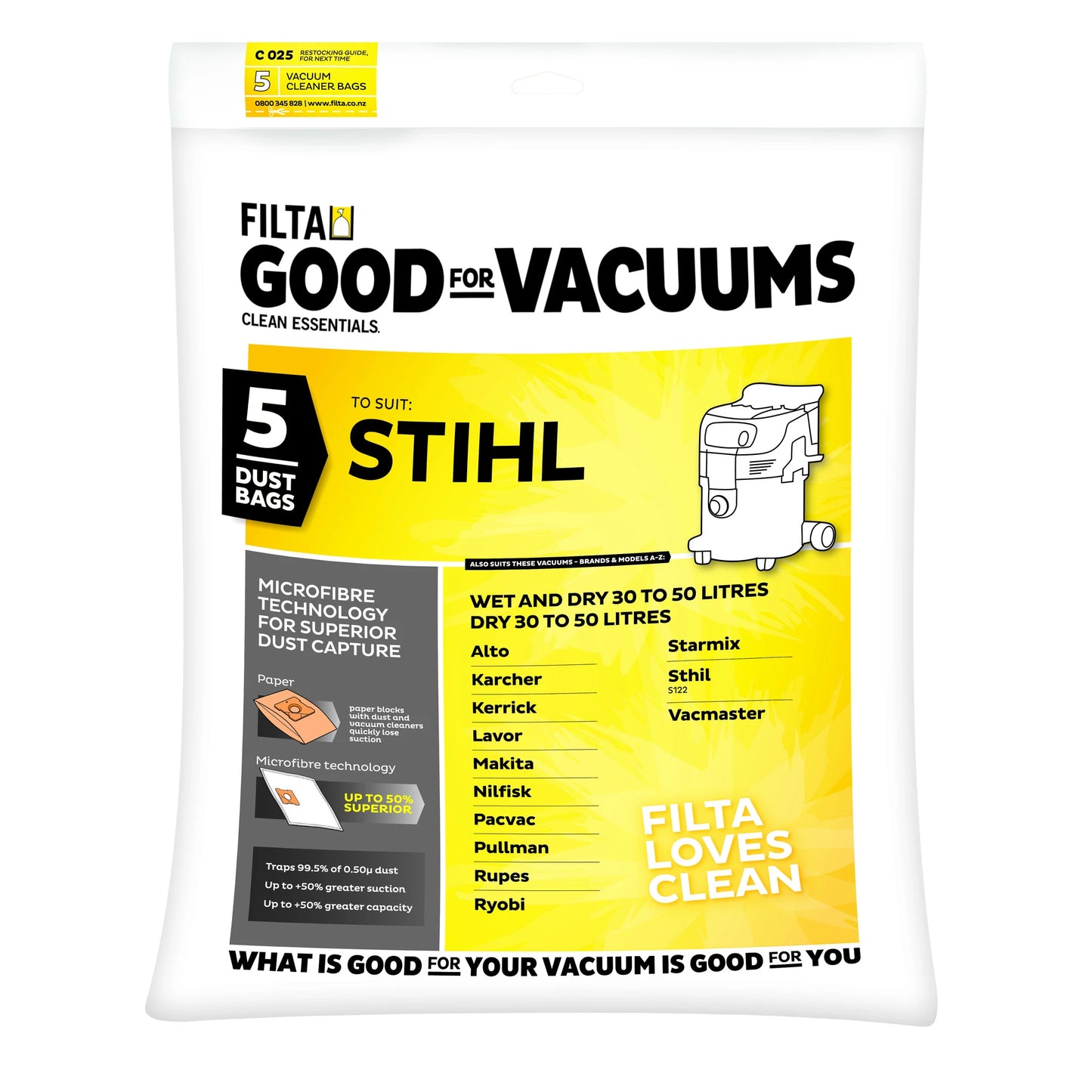 Vacuum Dust Bags 20 - 50 Litre 5 Pack Multi Layered 20095 C025