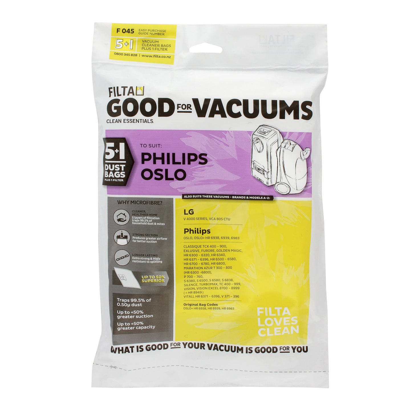 Vacuum Dust Bags 5 Pack Philips Oslo 60010 FILTA F045