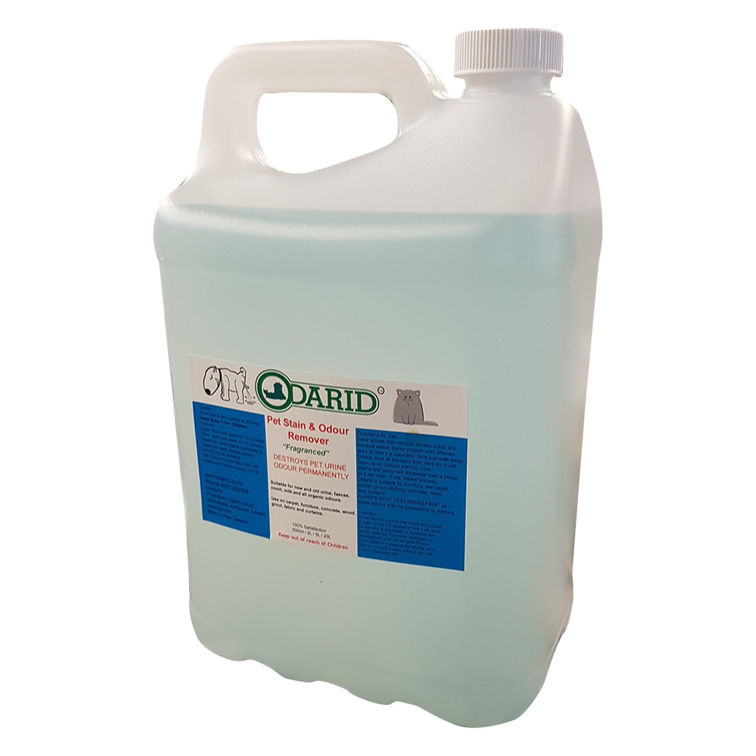 Odarid Pet Stain & Odour Remover in a clear plastic bottle.